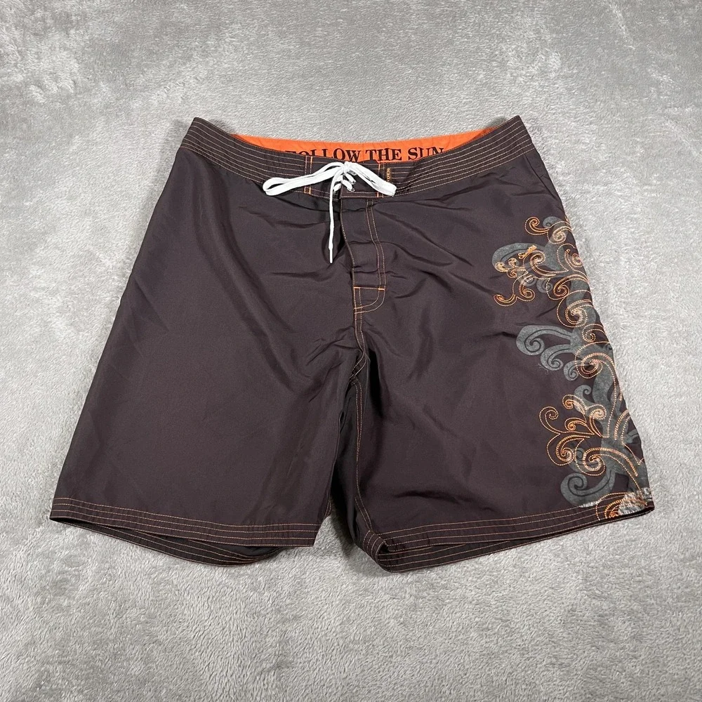 Sundek Board Shorts‎ Mens 36 Brown Orange Swim Trunks Drawstring Back Pocket